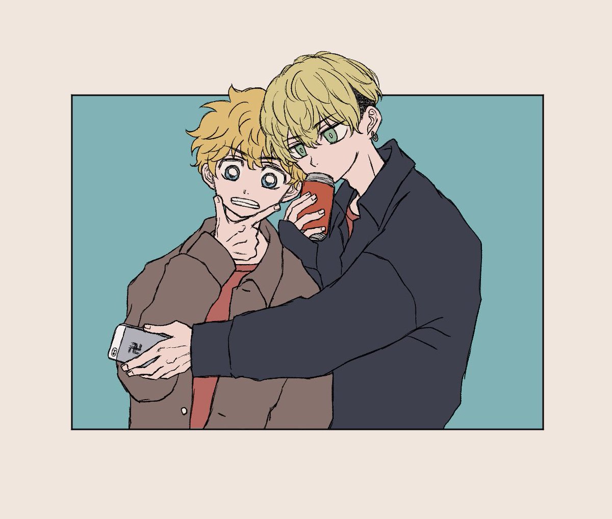 blonde hair multiple boys 2boys male focus holding phone holding can  illustration images