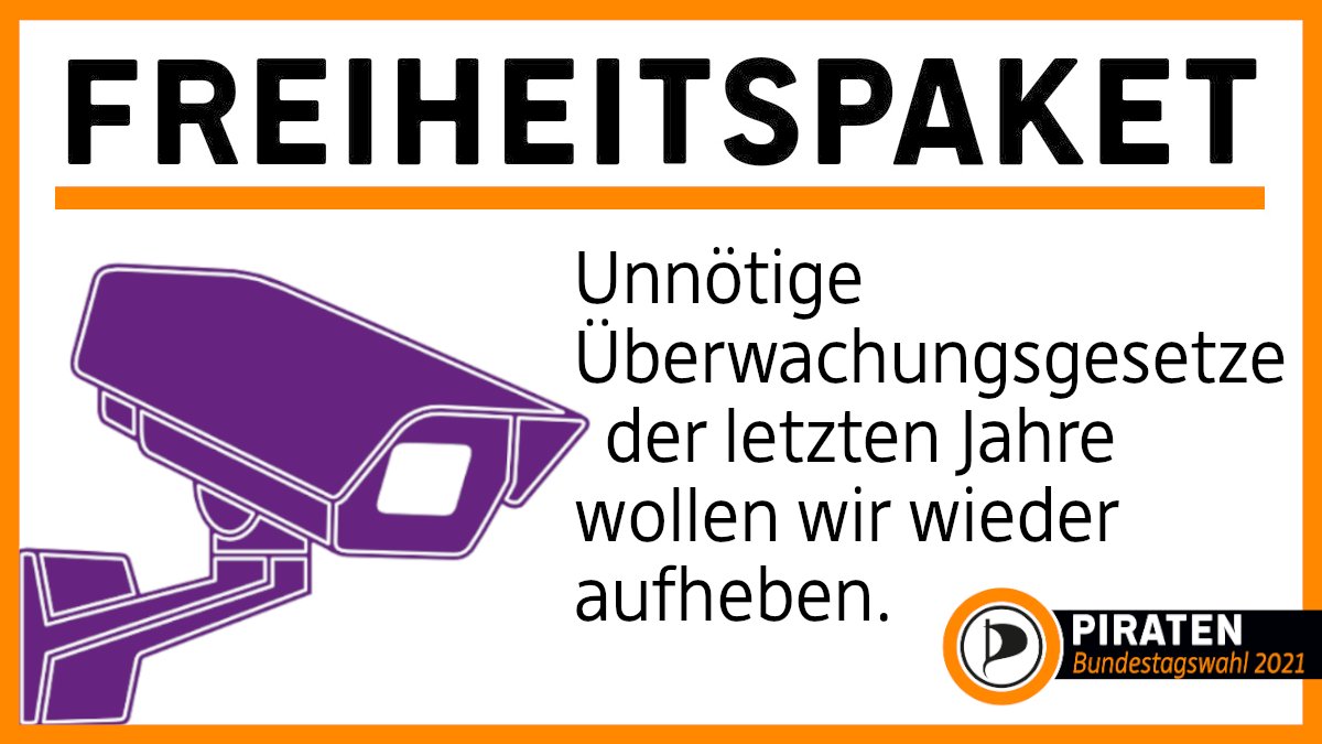 Hier sieht man auf der linken seite in lila eine Überwachungskamera. Die Überschrift lautet: Freiheitspaket.
Rechts neben der Kamera steht: Unnötige Überwachungsgesetze der letzten Jahre wollen wir wieder aufheben.
