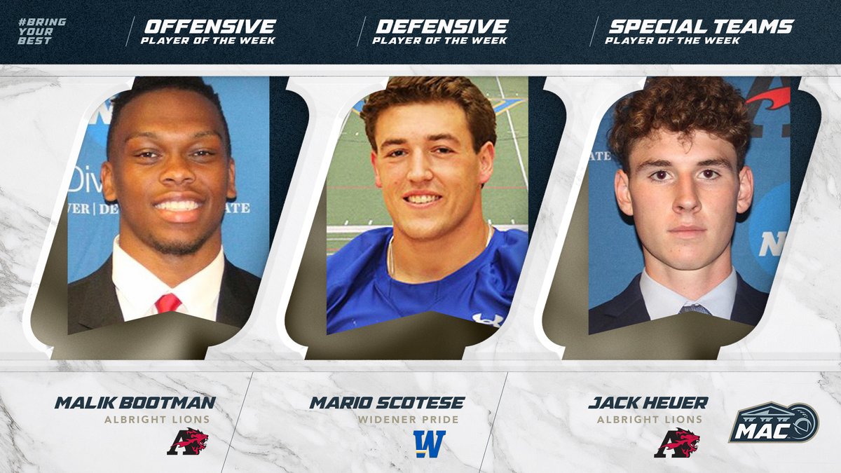 gomacsports's tweet photo. FB: The #MACfb Weekly Awards for Week Two have been announced! #MACpotw #d3fb #NCAAD3 #BringYourBest

OFF: Malik Bootman, @AlbrightLions
DEF: Mario Scotese, @WidenerSports
ST: Jack Heuer, Albright

📄: https://t.co/qQkkY44Zgn https://t.co/N1opxv8F71