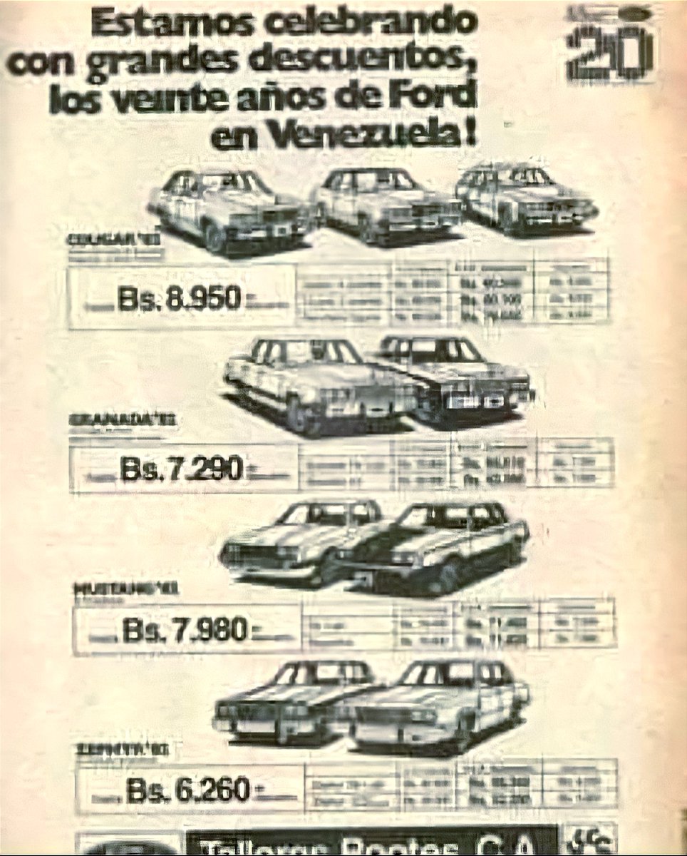 jlgarces's tweet photo. Esta publicidad es del año 1982, efectivamente, se cumplían 20 años de #Ford de #Venezuela. Antes del viernes negro del 83, la tasa de cambio era 4,30 Bs por dólar, ergo, un #Zephyr costaba un poco menos de 1500 dólares y te lo daban a crédito. ¿Cómo nos dejamos quitar ese país? https://t.co/x2K6rhmZLT