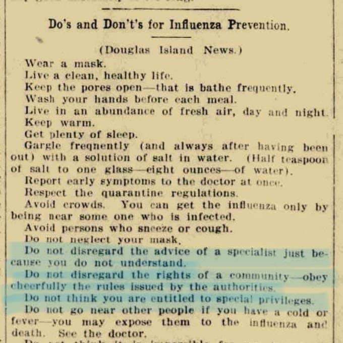 from 1918 during the flu pandemic.  Best one: “Do not disregard the advice of a specialist just because you do not understand”.