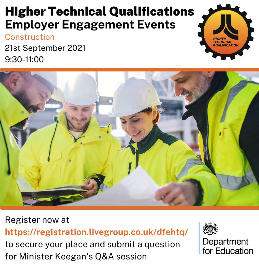 **Construction Businesses**-DfE Employer Engagement Event is an opportunity to learn about reforms to higher technical education and how it will benefit employers. bit.ly/3A5hzV3

#education #employment #network #recruitment #opportunity #construction #hiring #careers