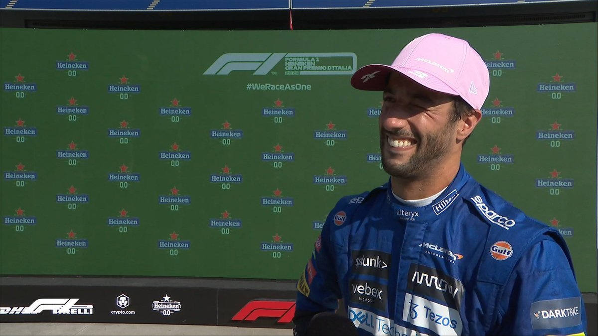 F1's tweet photo. DANIEL: “To lead literally from start to finish I don’t think any of us expected that… I’ve just been a sandbagging SOB for the rest of the year! To not only win but to get a 1-2 - it’s insane!” 

#ItalianGP 🇮🇹 #F1 https://t.co/tFXltNya1M