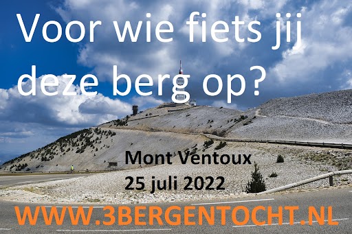 Op maandag 25 juli 2022 beklimmen tientallen wielrenners, hardlopers en wandelaars samen met hersentumorpatiënten de Mont Ventoux om geld op te halen voor de strijd tegen hersentumoren. Samen verschil maken. Doe je mee?  Schrijf je in op 3Bergentocht.nl