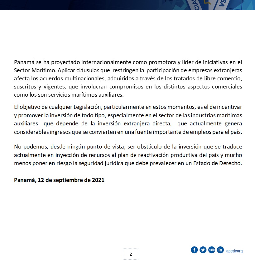 COMUNICADO AL PAÍS
La APEDE solicita el retiro del Proyecto de Ley 598 que regula el cabotaje. Consideramos que las limitaciones planteadas en el proyecto desincentivan el establecimiento de nuevas empresas ya que va en contra de la libre competencia, afectando la competitividad