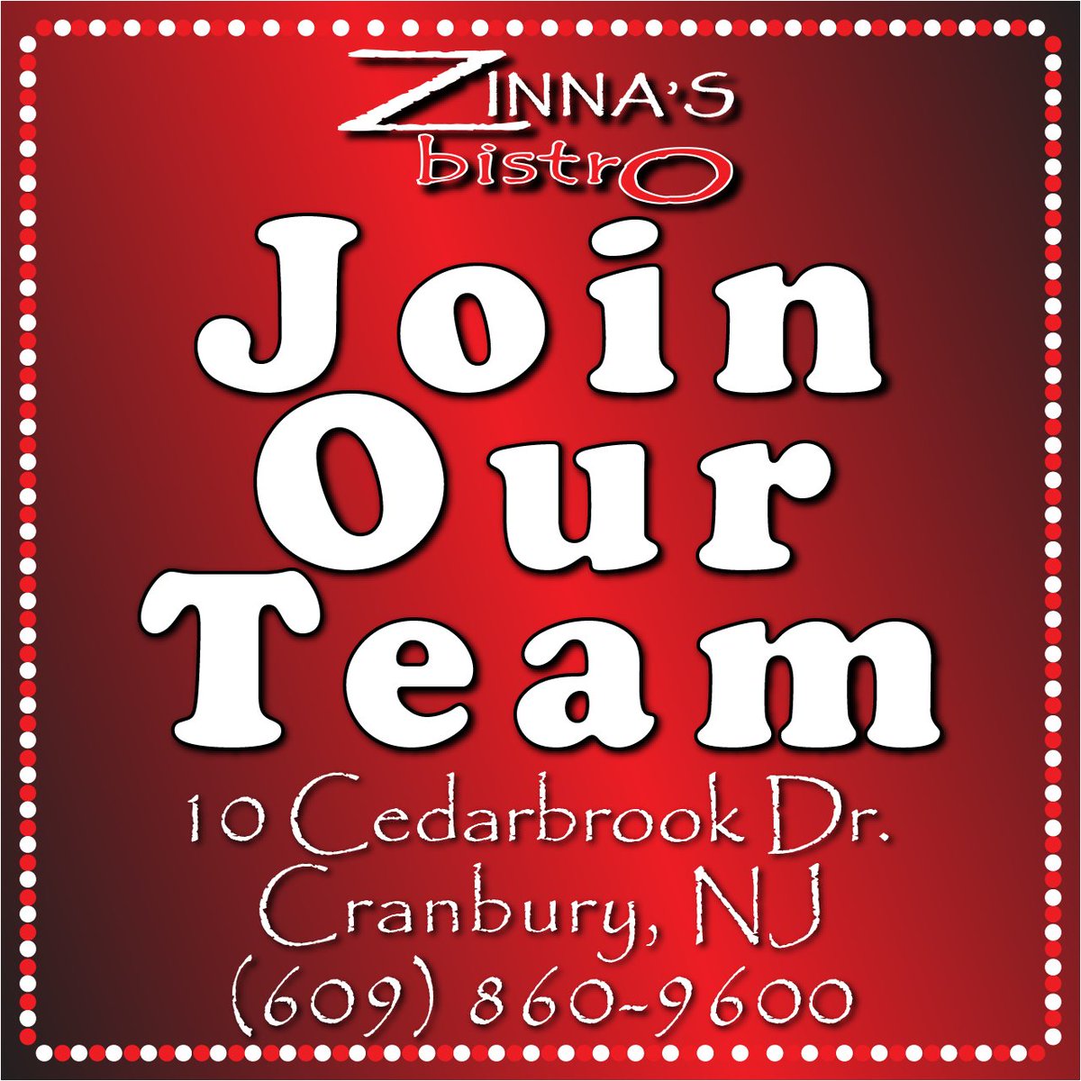 We have immediate openings on our team!

All front & back of house roles.
Hosts | Servers | Managers | Bussers
Cashiers | Expo | Dishwashers | Prep Staff

Please call the restaurant to speak with our managers for more info 
☎️ (609) 860-9600

#ZinnasBistro #NowHIriing