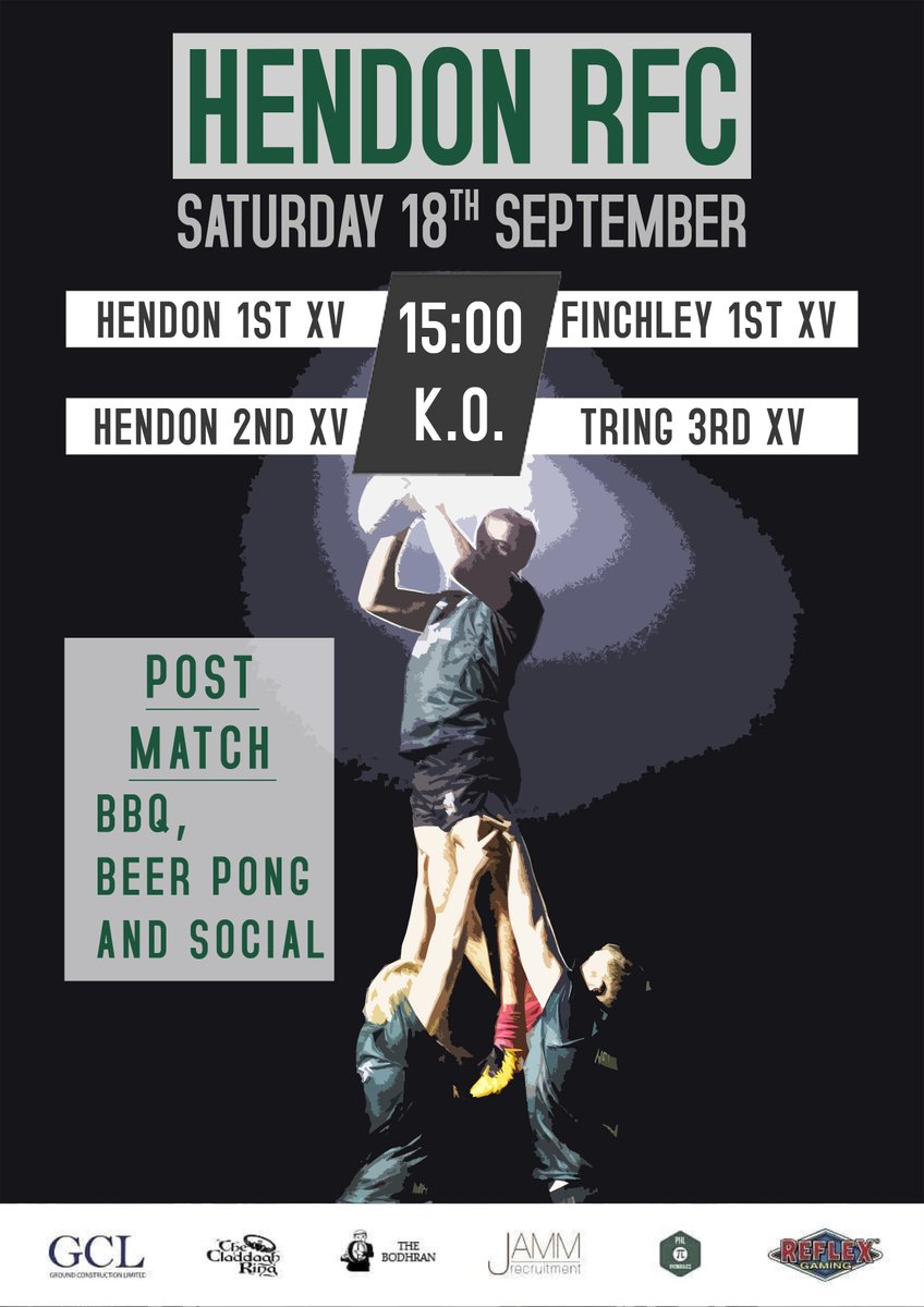 Season Opener🎉

Saturday 18th Sept <a href="/hendonrfc/">Hendon RFC</a> are kicking off with 2 home games🏉
We'll be hosting the social and BBQ🍺🍔
And unveiling our new team name🤩
All Supporters and Spectators are invited to the game and social🏟

#WeAreHendon #HendonRFC <a href="/TringRugby/">Huel Tring Rugby</a> <a href="/FinchleyRFC/">Finchley RFC</a>