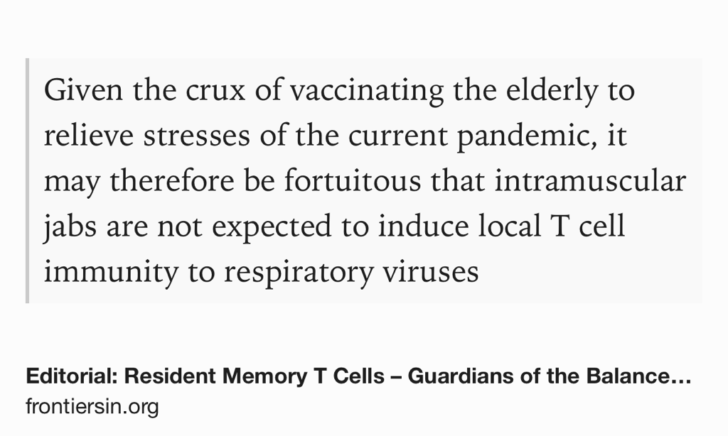 Text Shot: Given the crux of vaccinating the elderly to relieve stresses of the current pandemic, it may therefore be fortuitous that intramuscular jabs are not expected to induce local T cell immunity to respiratory viruses