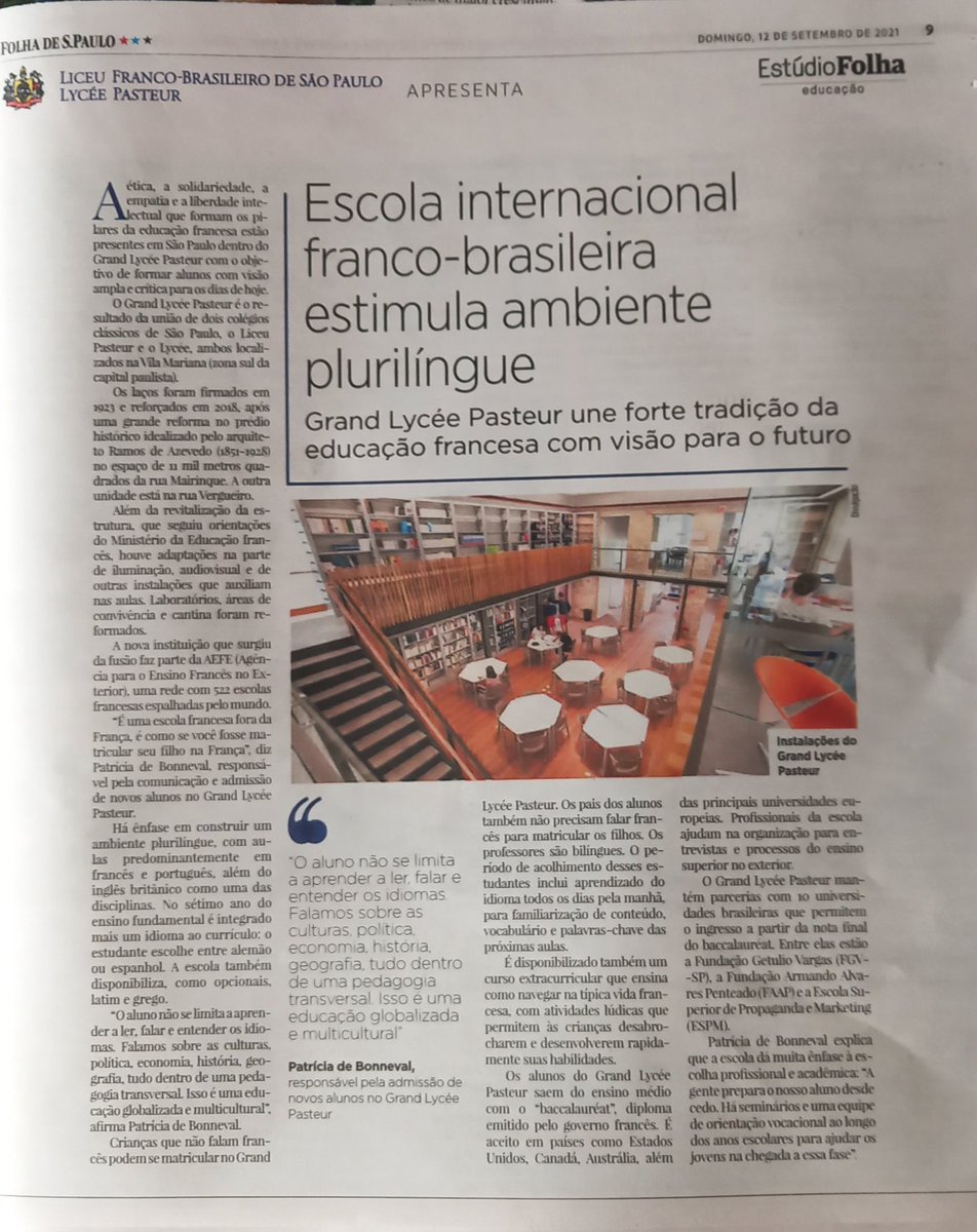 "Escola internacional 🇨🇵-🇧🇷 estimula ambiente plurilíngue. #GrandLycéePasteur une forte tradição da educação francesa com visão para o futuro" : excelente artigo na <a href="/folha/">Folha de S.Paulo</a> desse domingo. 
<a href="/LFPasteur/">Lycee Pasteur SP</a> <a href="/aefeinfo/">AEFE</a>