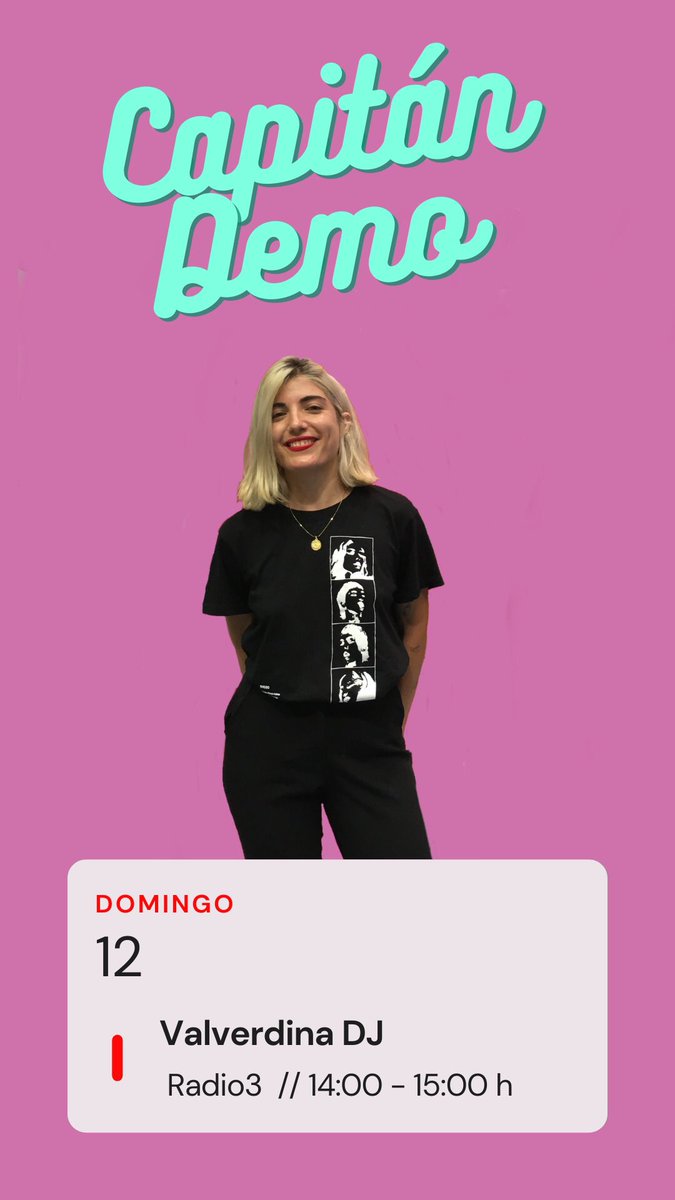 Hoy a las 14.00h tenemos a <a href="/lavalverdina/">valverdina</a> poniendo temazos hyperpop en Capitán Demo! 

<a href="/radio3_rne/">Radio 3</a>