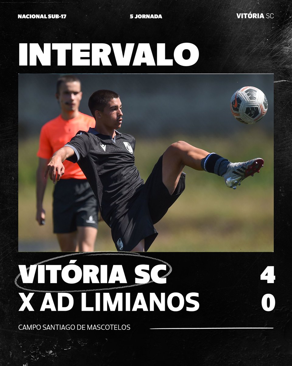 🛎 | INTERVALO - HALF TIME | 🛎

45’ Grande primeira parte dos vitorianos com golos de Ferreira (2), Furtado e Nogueira. 👏

#Sub17 | 4 – 0 | #VSCADL