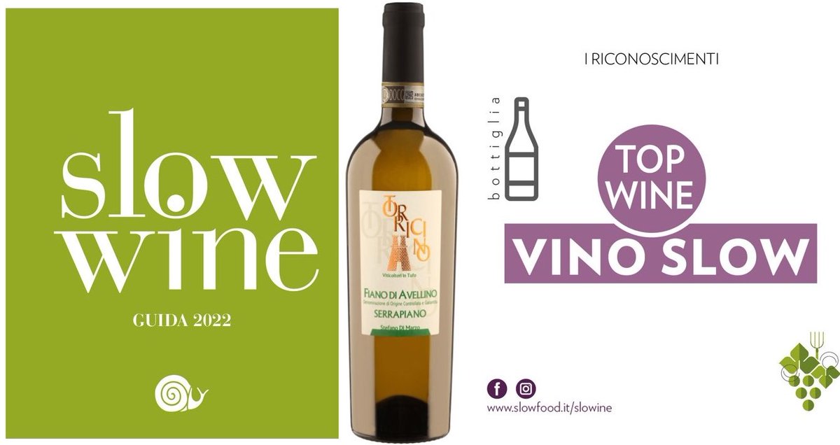 torricino's tweet photo. Siamo felici di comunicarvi che la prestigiosa guida Slow Wine 2022 ci ha assegnato i seguenti riconoscimenti:
 
TOP WINE – VINO SLOW: Serrapiano - Fiano di Avellino Ris. 2019 https://t.co/4pk9ACJ8A9