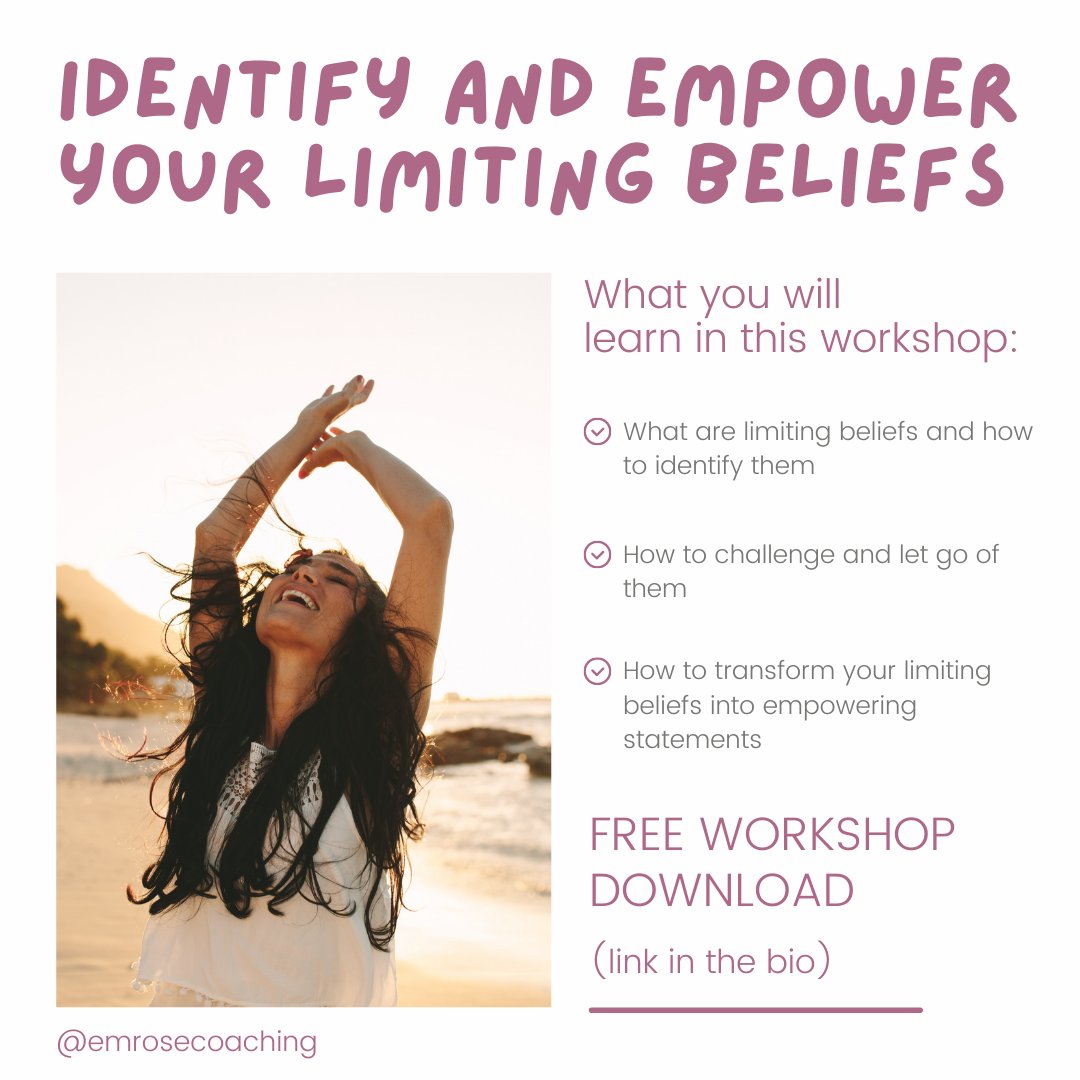 emrosecoaching's tweet photo. I've created a FREE workshop and workbook to help you identify and empower your limiting beliefs!Sparkles⁠Learn how to identify them, how to challenge and transform them! 
Click the link in the bio to receive it in your inbox! 

https://t.co/6QlUcNkevB https://t.co/4bxoxAtMYM