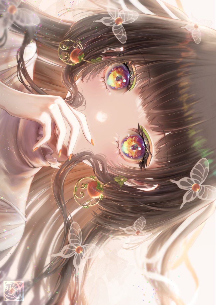 1girl solo bangs earrings looking at viewer jewelry multicolored eyes  illustration images