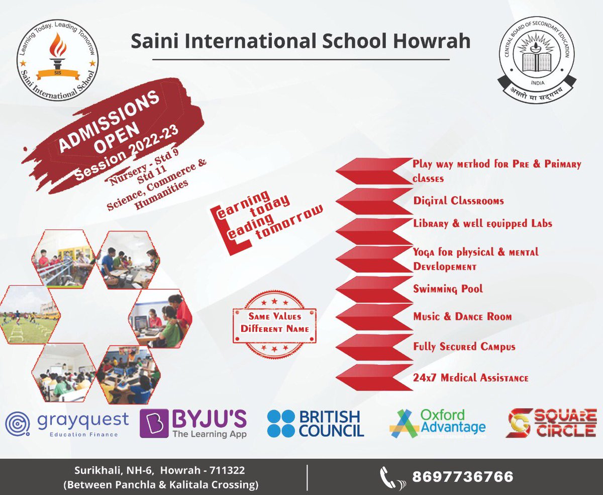 sishowrah's tweet photo. #Admission_open for the session #2022_2023 for Nursery to Std 9 and Std 11-Science, Commerce, Humanities.
#SIS_Howrah
#CBSE_Affiliated_School
#Admission_Open
#Nursery_Std9_Std11
#Learning_Today
#Leading_Tomorrow https://t.co/9VTRvwCtba
