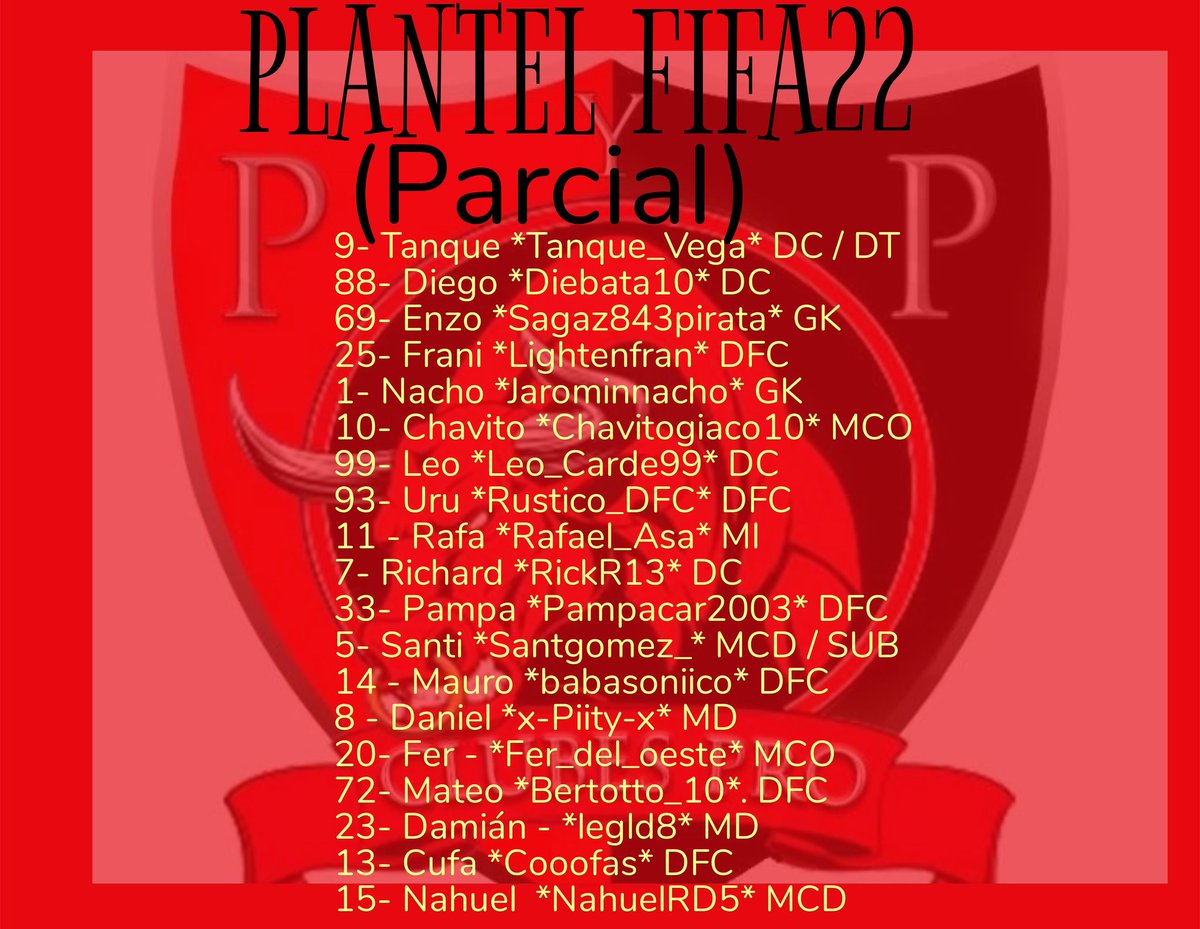 Prode & Play FC (@prodeyplayfc) on Twitter photo Presentamos plantel actual, aún buscamos 2 jugadores, preferentemente MI/MD - DC. Mandar MD <a href="/ProdeYPlayFC/">Prode & Play FC</a> o <a href="/Tanque_Vegaok/">Tanque_Vega</a> Presentamos plantel actual, aún buscamos 2 jugadores, preferentemente MI/MD - DC. Mandar MD <a href="/ProdeYPlayFC/">Prode & Play FC</a> o <a href="/Tanque_Vegaok/">Tanque_Vega</a>