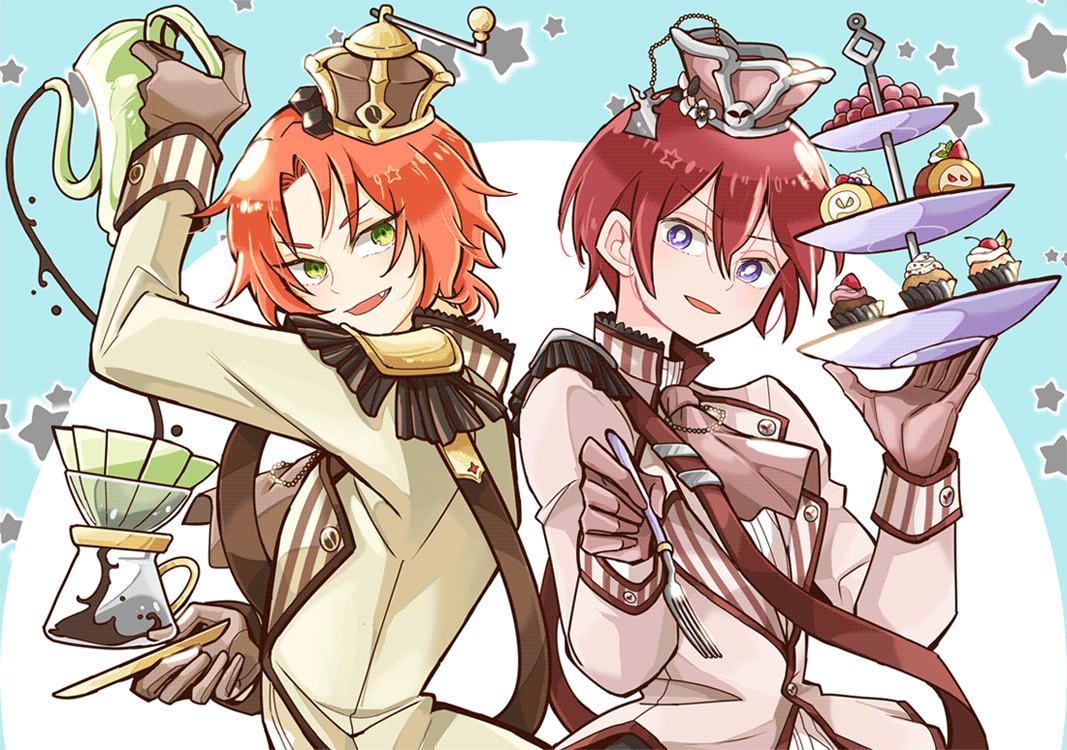 あんスタ「【あんスタ】レオと司で、コーヒーの王様とスイーツの王様🌟
👑   👑
😆」|軍事用プリンのイラスト