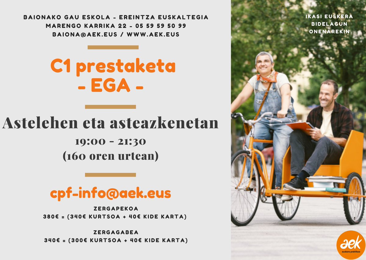 Aurten Ereintzan, Baionako Gau Eskolan, C1 - EGA prestaketa ere eskaintzen dugu.