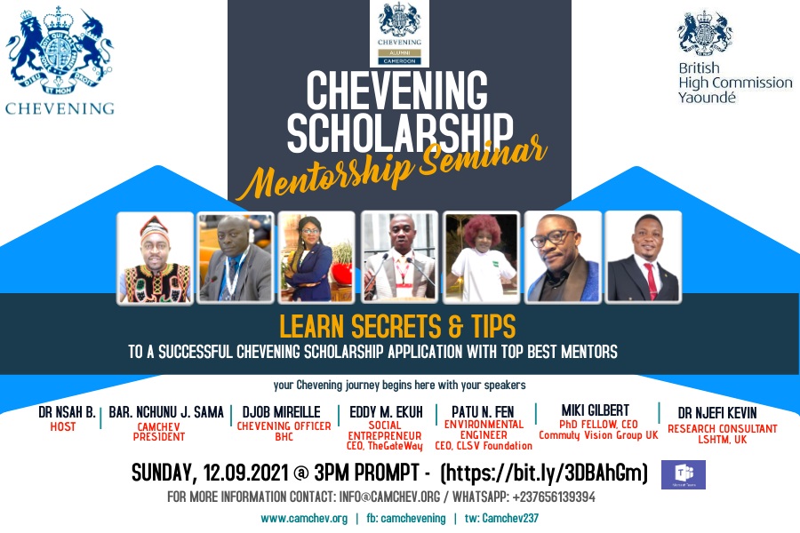 Chevening Scholarship 
Join the conversation today Sunday 12th September at 3pm Cameroon time with other folks during an online mentorship session. 
I will be leading the discussion on "How To Write Your Leadership Essay"
Here is the link bit.ly/3DBAhGm
