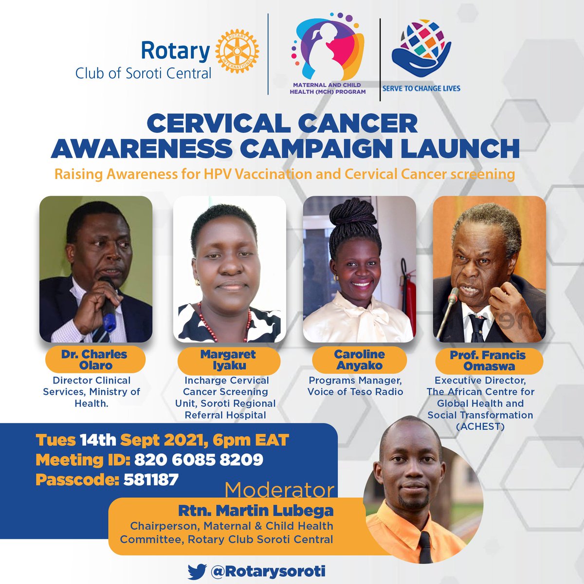 You are all invited to join us as we launch this Cervical Cancer Awareness Campaign as part of the @rotaryd9213 MCH program. 
#HPVvaccination
#CervicalCancerScreening. 
Don't miss @omaswa @olaro_charles @DepaulLubega, Carol from @voice_of_teso & Sr. Iyaku from @SorotiHospital