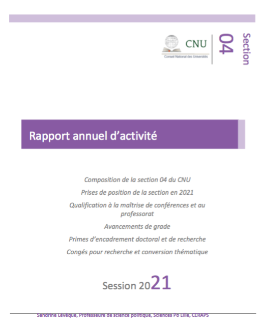 🚨 Publication du rapport d’activité 2021 de la section 04 du CNU : afsp.info/publication-du…

Lecture précieuse pour les politistes concerné.e.s par le renforcement de la #sciencepolitique dans le paysage de l’#ESR et pour les candidat.e.s à la qualification 2022.