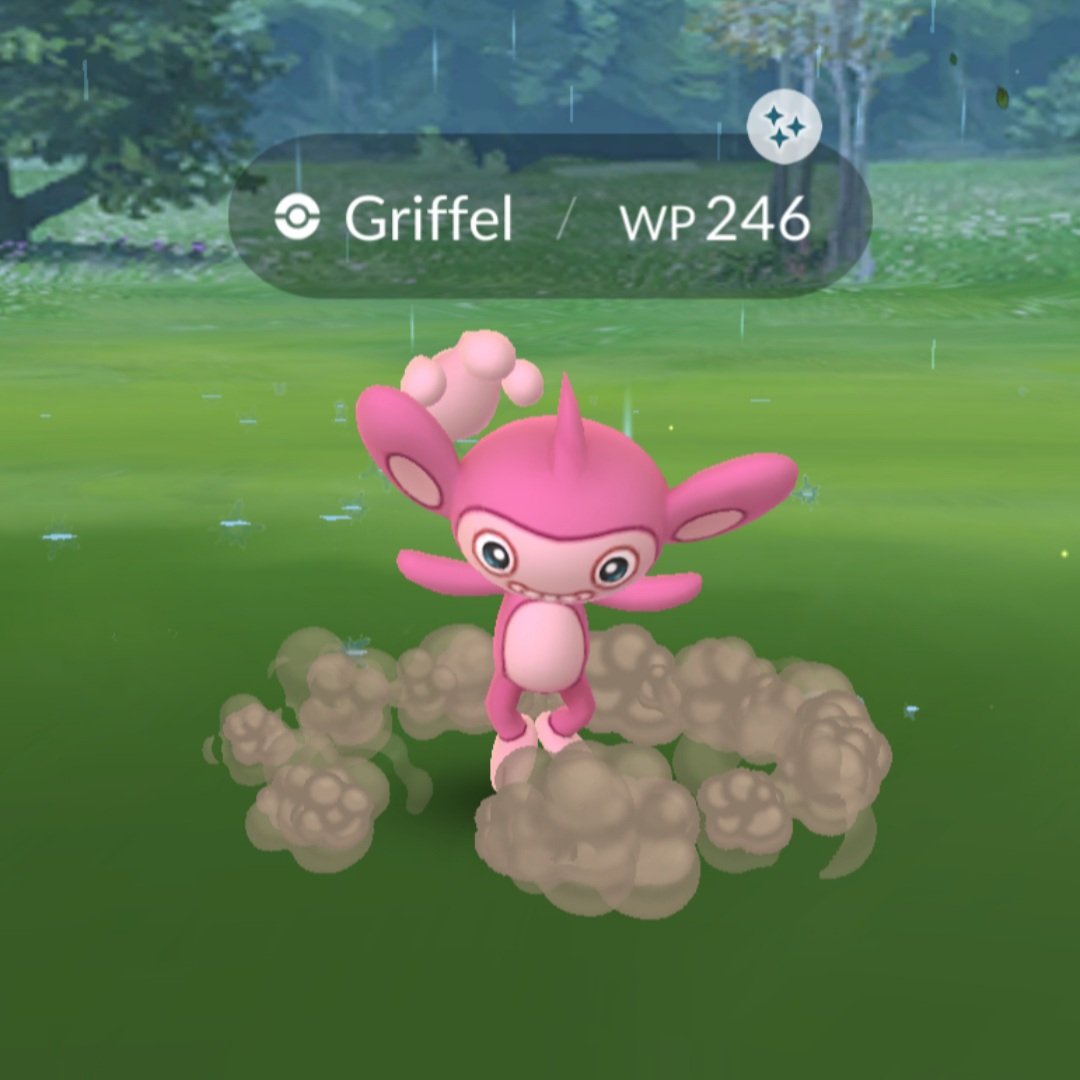 BassinShiny's tweet photo. Shiny #Aipom / #Griffel dancing in the rain... #shinypokemon https://t.co/fv1EqJooKX
