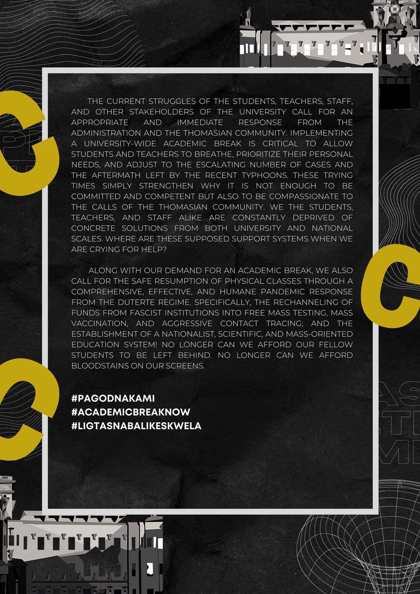 USTEM19_S19's tweet image. PAGOD NA KAMI! PLEASE LANG, ACADEMIC BREAK NOW!

We are 11 STEM-19 and we stand for an immediate University-wide academic break. UST, heed our calls and actualize your performative compassion!

#PagodNaKami
#AcademicBreakNow
#LigtasNaBalikEskwela