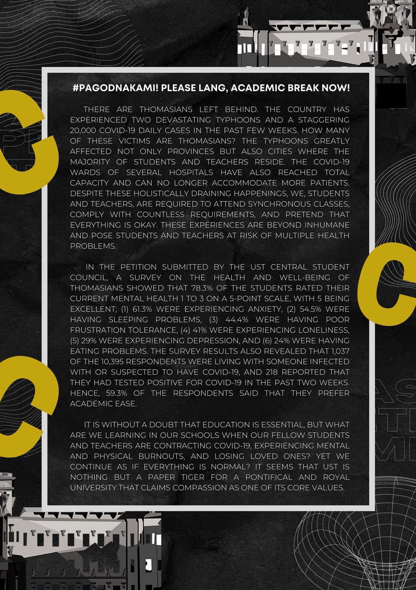 PASTEMUNO's tweet image. PAGOD NA KAMI! PLEASE LANG, ACADEMIC BREAK NOW!

We are 12STEM01 and we stand for an immediate University-wide academic break. UST, heed our calls and actualize your performative compassion!

#PagodNaKami
#AcademicBreakNow
#LigtasNaBalikEskwela