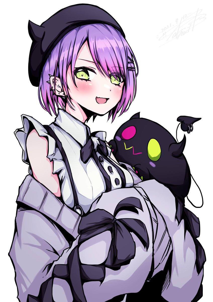 tokoyami towa 1girl jirai kei purple hair green eyes piercing short hair hat  illustration images