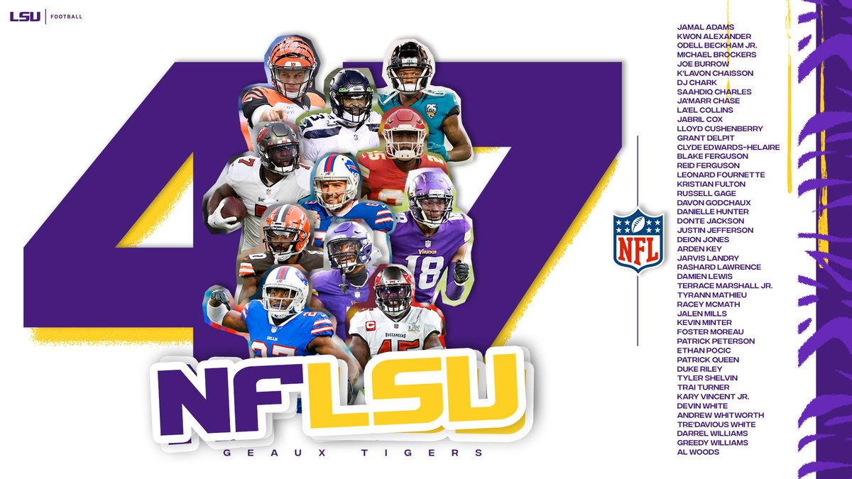 LSUfootball's tweet photo. This is NFLSU
𝟒𝟳 former Tigers are on active @NFL rosters to start the 2021 season! 

🔗 https://t.co/LtXqxmThc7 https://t.co/lgLCIW9NQJ