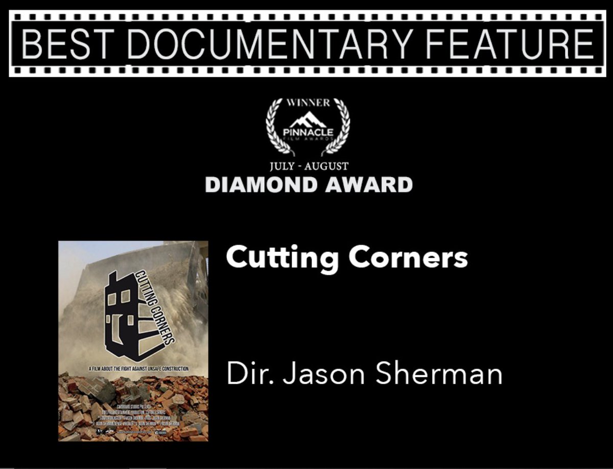 CuttingCorners5's tweet photo. Our film took home the Best Feature Documentary Diamond Award at the @AwardsPinnacle! We are super excited about this and we thank everyone who voted for us at the festival. Here is the full list of winners:
https://t.co/muHSiJZe94 https://t.co/tlg5y1G8b7