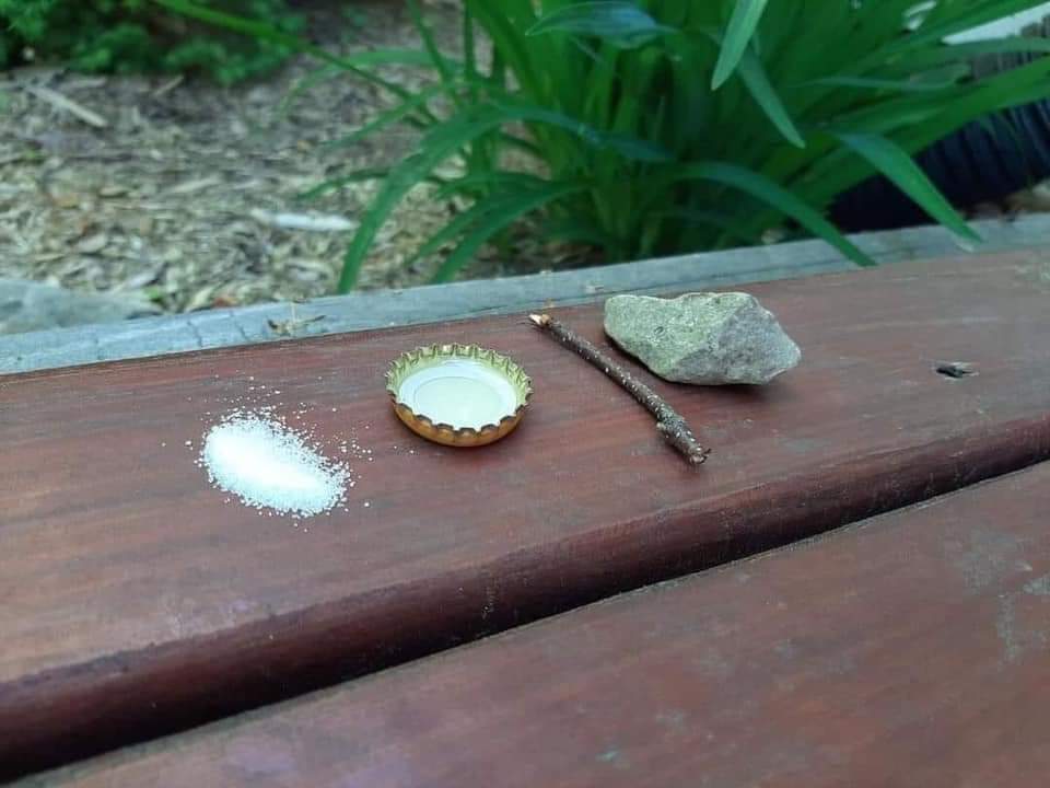 MartinTwigs68's tweet image. Mosquito trap.
The mosquito lands on the salt, thinking it's sugar. It get thirsty for water, but the cap has vodka in it.
The mosquito gets drunk, trips over the stick and bangs its head on the rock.😂