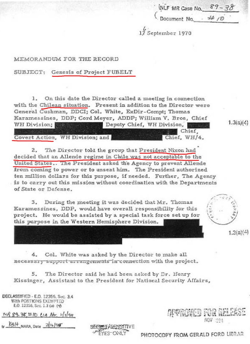 Wikileaks_Ita's tweet photo. Genesi del #ProjectFubelt, incontro tra il direttore CIA #Helms e alti funzionari in operazioni segrete contro #Allende, dove l'Agenzia doveva preparare un piano d'azione per il consigliere per la sicurezza nazionale Henry #Kissinger #SECRET 1970 https://t.co/N0QSp5BgRj