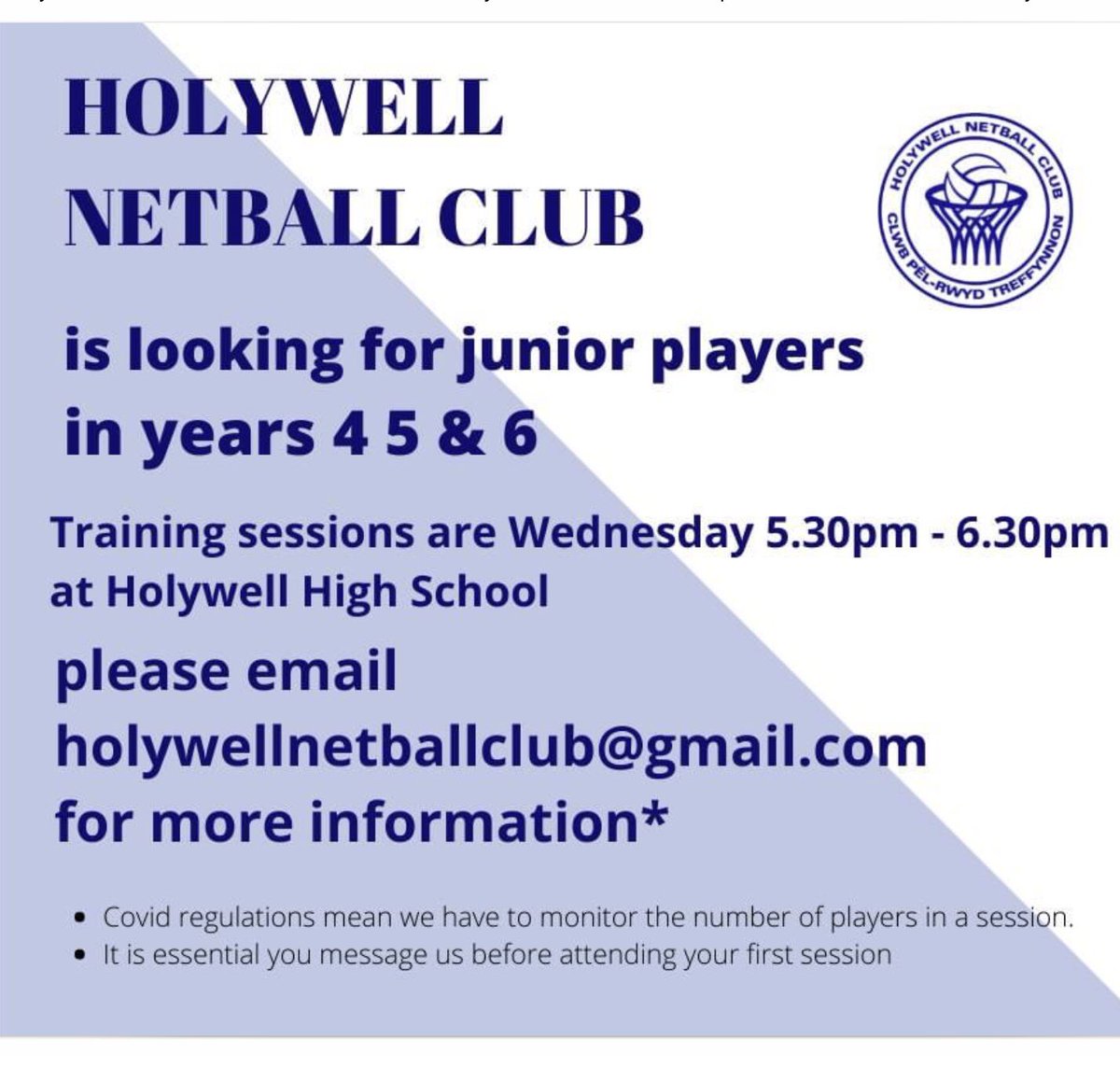 holywellnetball's tweet photo. Do you know a youngster in school year 4 5 or 6 who would like to play netball? They could be on court this week! Email Julia (club secretary) at holywellnetballclub@gmail.com for details @HolywellLC @stwinsholywell @TreffynnonSch @ysgolmaesyfelin @YsgolbroCarmel @YsgolGwenffrwd https://t.co/sqFO8JXCAn