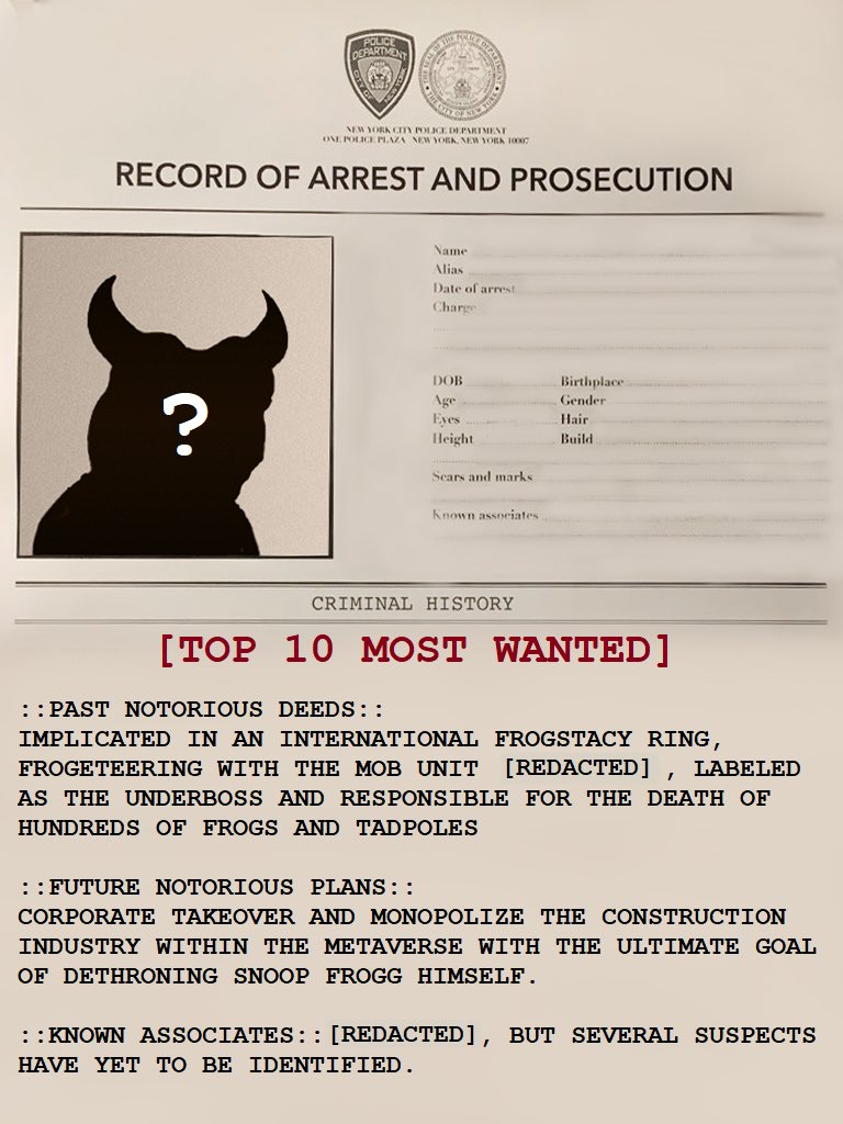 Frogland_io's tweet photo. Whatโs this?? The reporter for #thedailysplat just leaked out the first of #froglandโs #toptenmostwantedโs #rapsheet! Can you identify the #notoriousfrog this belongs to? #fbiflyles #murdermystery #newpangea #buyfroggetland https://t.co/KzLPYcqsnm