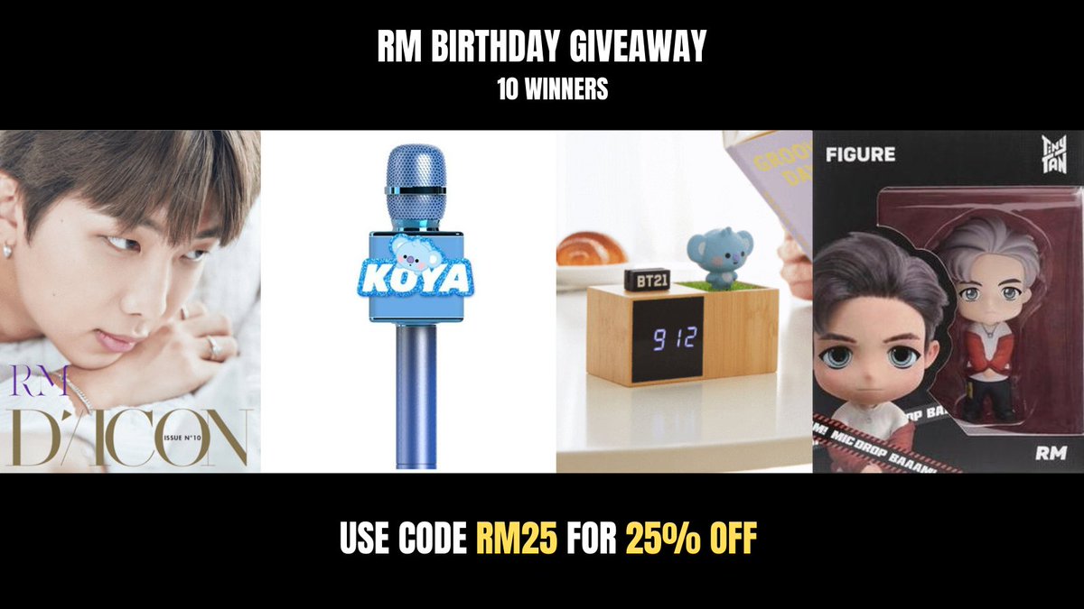 cokodive's tweet photo. RM Happy Birthday Worldwide Giveaway💙🎂
10 Winners
- Like this &amp; Follow 
@cokodive
- RT &amp; Tag yo friends!
-  Comment any words to celebrate RM's BD!🎁
You can use code RM25 for 25% OFF on these 4 best selling RM products!👇
https://t.co/w2LS2JK7v1
https://t.co/w2LS2JK7v1 https://t.co/bkxqUAeAel