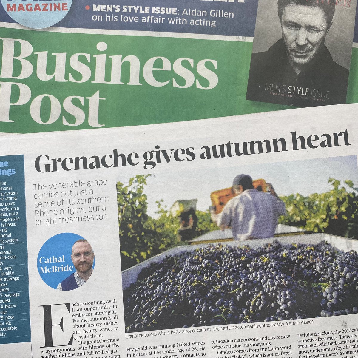 In today’s <a href="/businessposthq/">Business Post</a> magazine I talk all things grenache including a new wine subscription service, Wine Spark, from <a href="/grape_escape/">Eamon FitzGerald</a>, an exciting project from Simon Tyrell of <a href="/LesDeuxCols/">Les Deux Cols</a> and <a href="/Tindalwines/">Tindal Wines</a>, @wine_philosophy’s own wine and more exciting expressions of the grape
