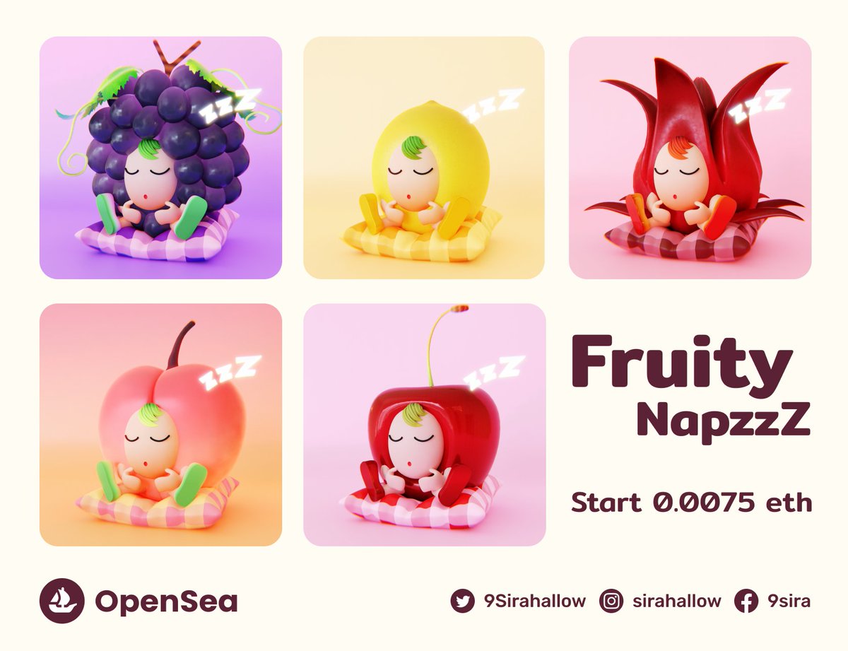 9Sirahallow's tweet photo. My new drops in week 6. Now! I have 30 fruits.🎉🎉 
I hope you be kind to them and take them to your collection. 😜

https://t.co/59k1BmWyu6

#NFTs #NFTTHAILAND #ThaiNFT #NFTdrop #NFTartist #NFTCommunity #nftart #OpenSeaNFT #CollectorNFT https://t.co/FhYYcXW8hy