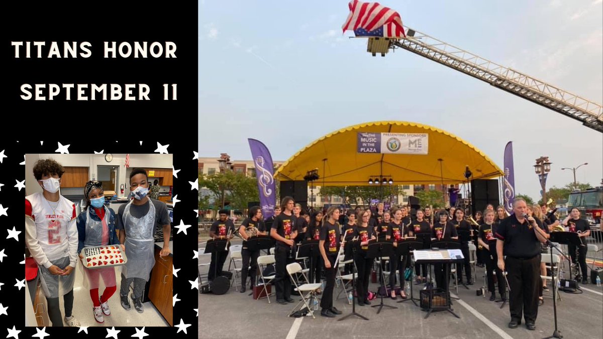 TinleyParkHigh's tweet photo. The TPHS Titans learned about the events of September 11th in class, baked and decorated patriotic cakes, and performed at the Oak Park Train Station to remember and recognize this important event from 20years ago. We will never forget. #TinleyTitanPride https://t.co/xQpZfWJRHW
