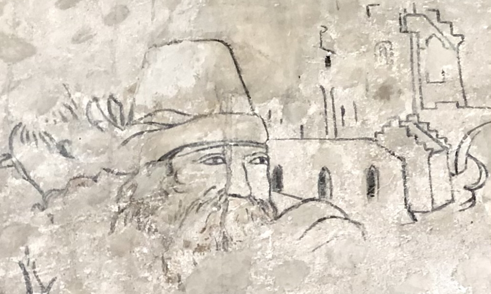 Sunday theme: kindly face of Good Samaritan, and imagined townscape with crow-stepped gables, as depicted by artist of 1550s in 'Parable' Room of Kinneil House - originally Presence Chamber of James Hamilton, Duke of Châtellerault, former Regent to his cousin Mary Queen of Scots