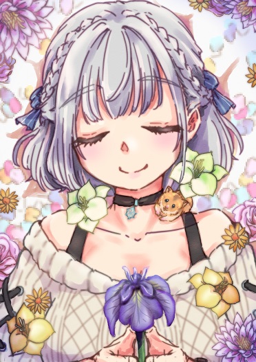 shirogane noel 1girl grey hair closed eyes smile sweater flower solo  illustration images