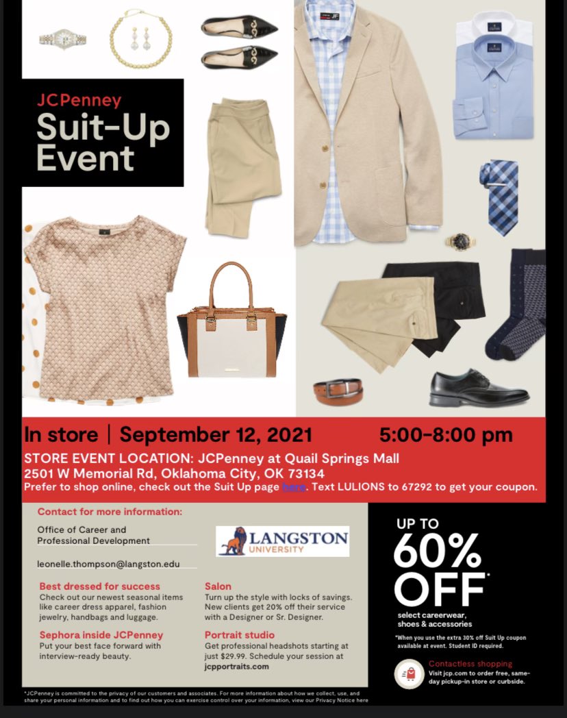 Hey Lions! JcPenny at Quail Springs In OKC is hosting a LU ONLY EXCLUSIVE SALES EVENT TONIGHT ONLY ! Get 60% off men’s and women’s dress attire &amp; dress shoes tonight from 6-8 PM! #SuitUP #Lions #dress4success