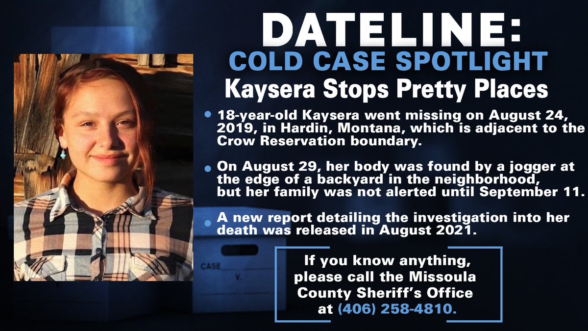 In August 2019, 18-year-old Kaysera Stops Pretty Places was found dead in Hardin, Montana. Two years have passed with no answers, and her family continues to demand #JusticeForKaysera.

Can you help solve Kaysera’s case? #Dateline nbcnews.com/dateline/aunt-…