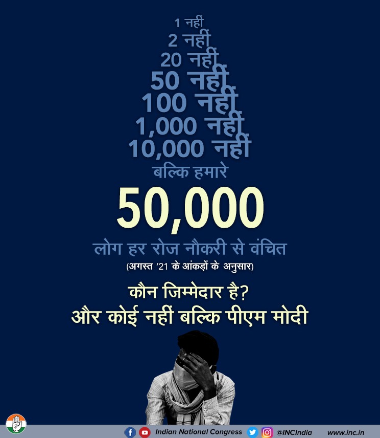 मोदी सरकार के दौरान बेरोजगारी बढ़ी है। देश का युवा मोदी निर्मित बेरोजगारी की गिरफ्त में है, युवा हताश है।

देश का बेरोजगार युवा भाजपा को सबक सिखाएगा। 

#CM_नहीं_PM_बदलो