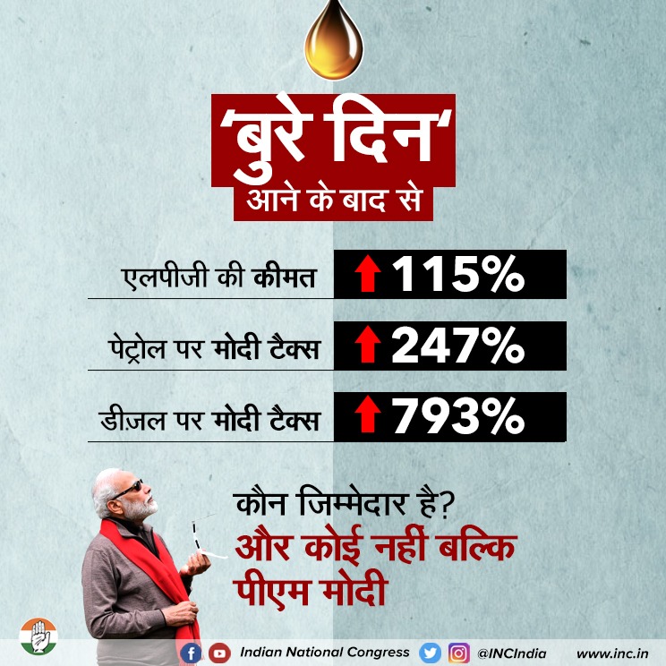 मोदी सरकार ने 'अच्छे दिन' का जुमला देकर देश की जनता को 'महंगे दिन' में झोंक दिया है।

मोदी निर्मित महंगाई से देश की जनता त्रस्त है।

#CM_नहीं_PM_बदलो