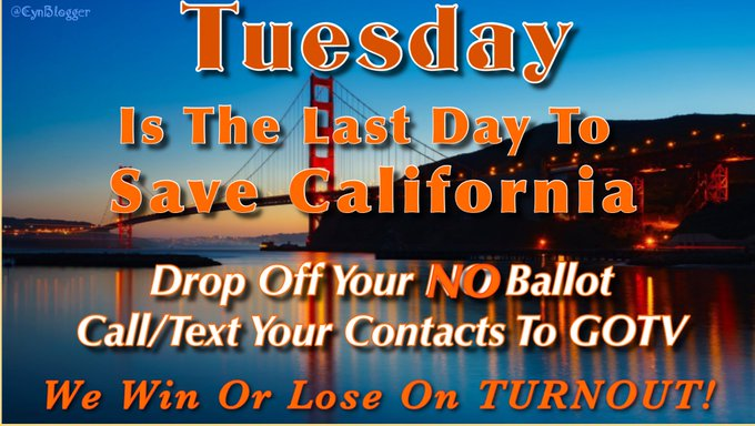 RogueCitizenOne's tweet photo. 🚨 C A L I F O R N I A

Have you completed and returned your recall ballot?

There are only 2 days left to #VoteNoOnTheRecall 

It's too late to return your ballot by mail. Take it to an authorized drop box or to your County Registrar's Office.

#DemVoice1 #wtpBLUE https://t.co/S8louyscTU
