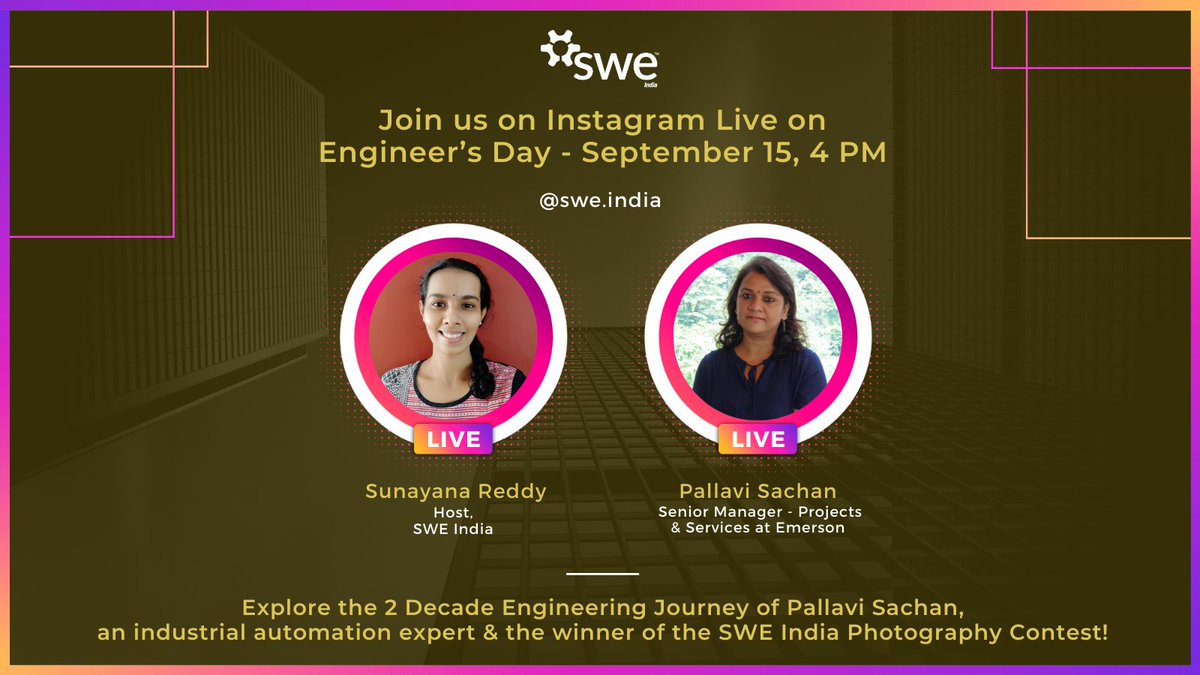 SWEIndia's tweet photo. 🚨 We are going Live on Instagram on National Engineer's Day - September 15 at 4:00 PM IST with a very special guest, Pallavi Sachan 🚨

Join us on Instagram - https://t.co/qRTukBPY6j to explore the Engineering Journey of Pallavi Sachan!

#SWEIndia #WomenEngineers #Automation https://t.co/USz2BEXRpC