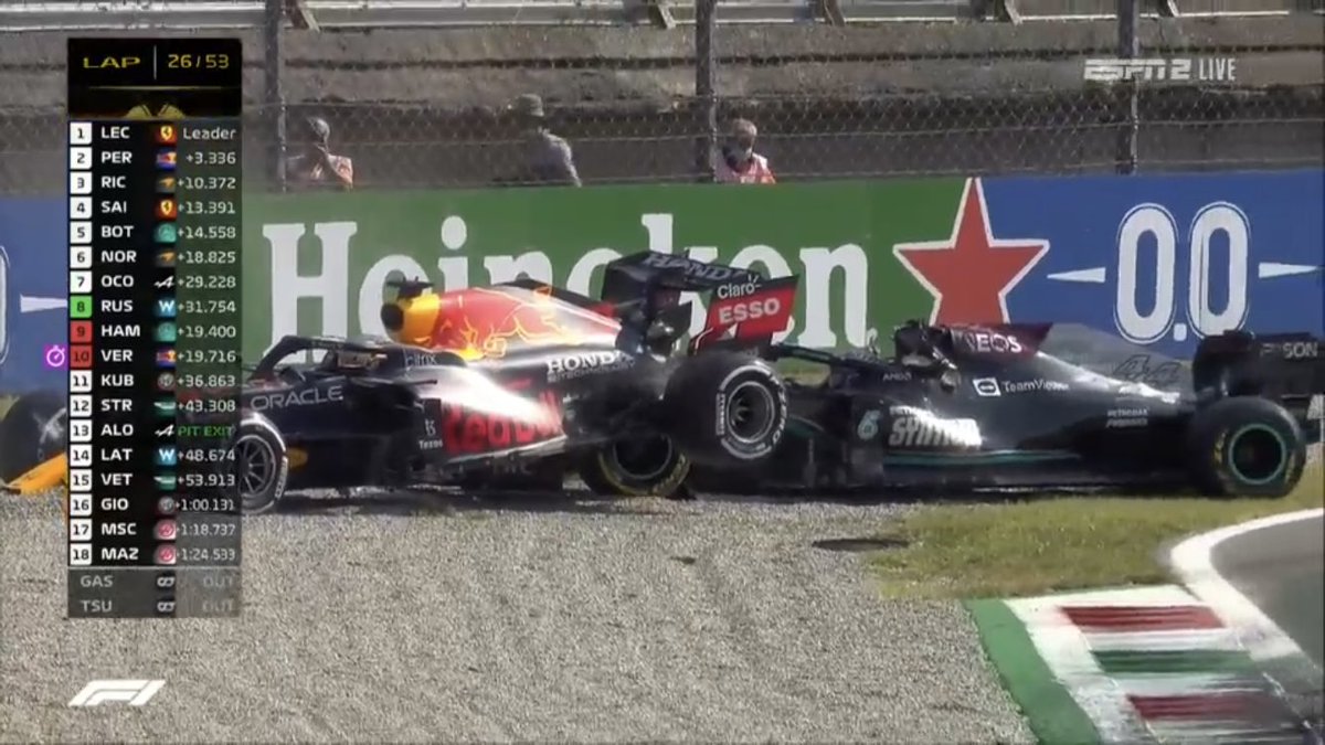 MadridUniversal's tweet photo. Verstappen and Hamilton. What a duel for the ages. Both drivers taking each other out. #ItalianGP https://t.co/uaPcoCDoB9
