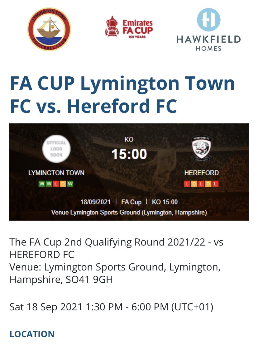 Please use the link below to buy tickets for the game against Hereford on Saturday 18/09/21 @Lymington Sports ground #FACup        trybooking.com/uk/events/land…