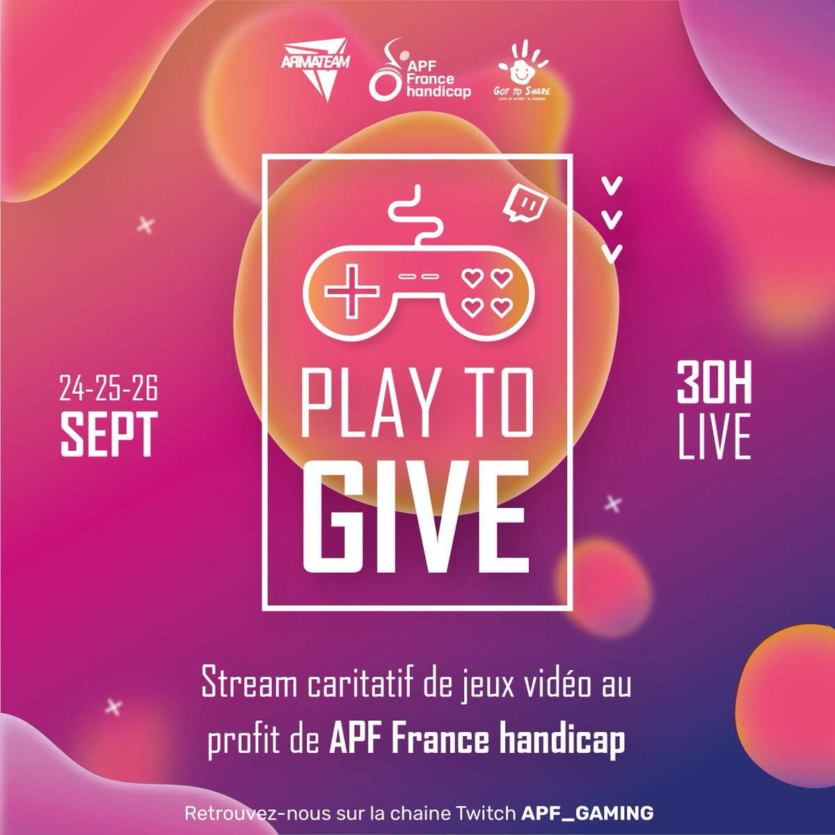 <a href="/apfhandicap/">APF France handicap</a> est fier de vous annoncer son premier évènement caritatif sur <a href="/TwitchFR/">Twitch FR</a> "PLAY TO GIVE" le 24-25-26 Septembre 2021 ! 
Évènement coorganisé avec <a href="/armateam/">ArmaTeam</a> et <a href="/GTShare/">GTShare</a>🎉
Le programme et les invités vous seront annoncés prochainement !
#PlayToGive #tousgamers